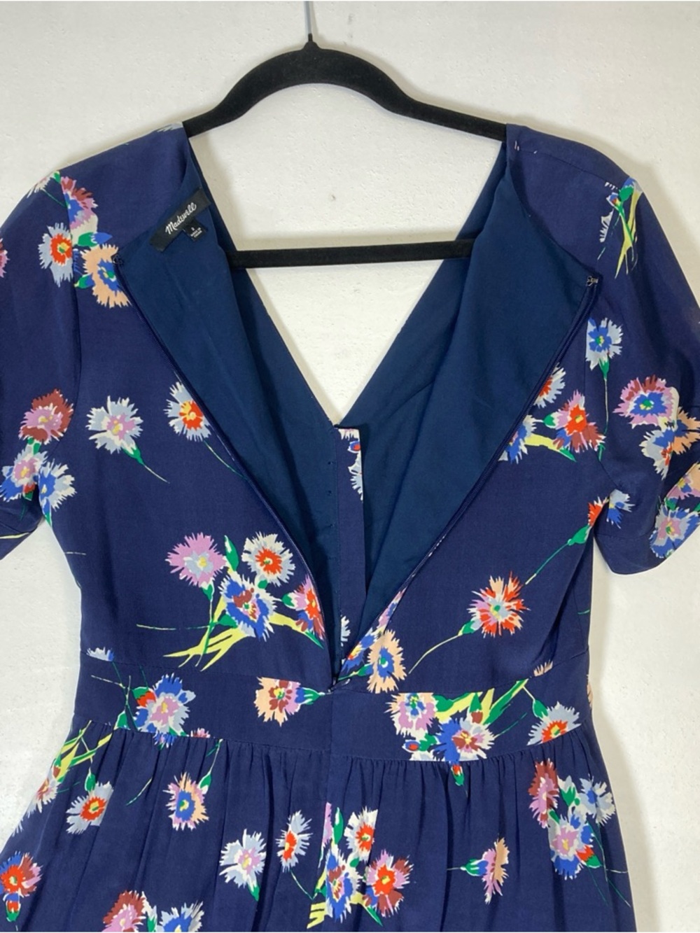 Madewell 100% Silk Navy Blue Floral V-Neck Babydoll Short Sleeve Mini Dress Sz 2 - Picture 8 of 16